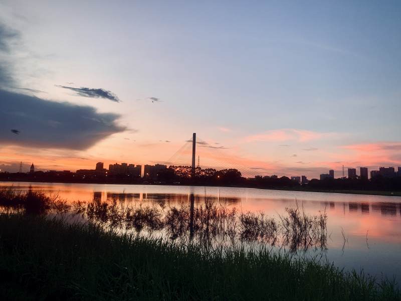 夕阳下的城市湖景图片