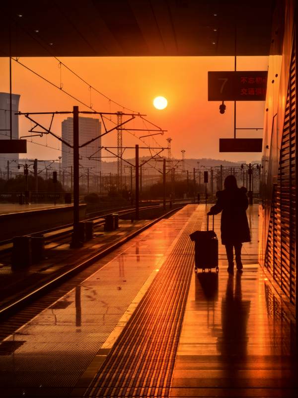 夕阳下的火车站台图片