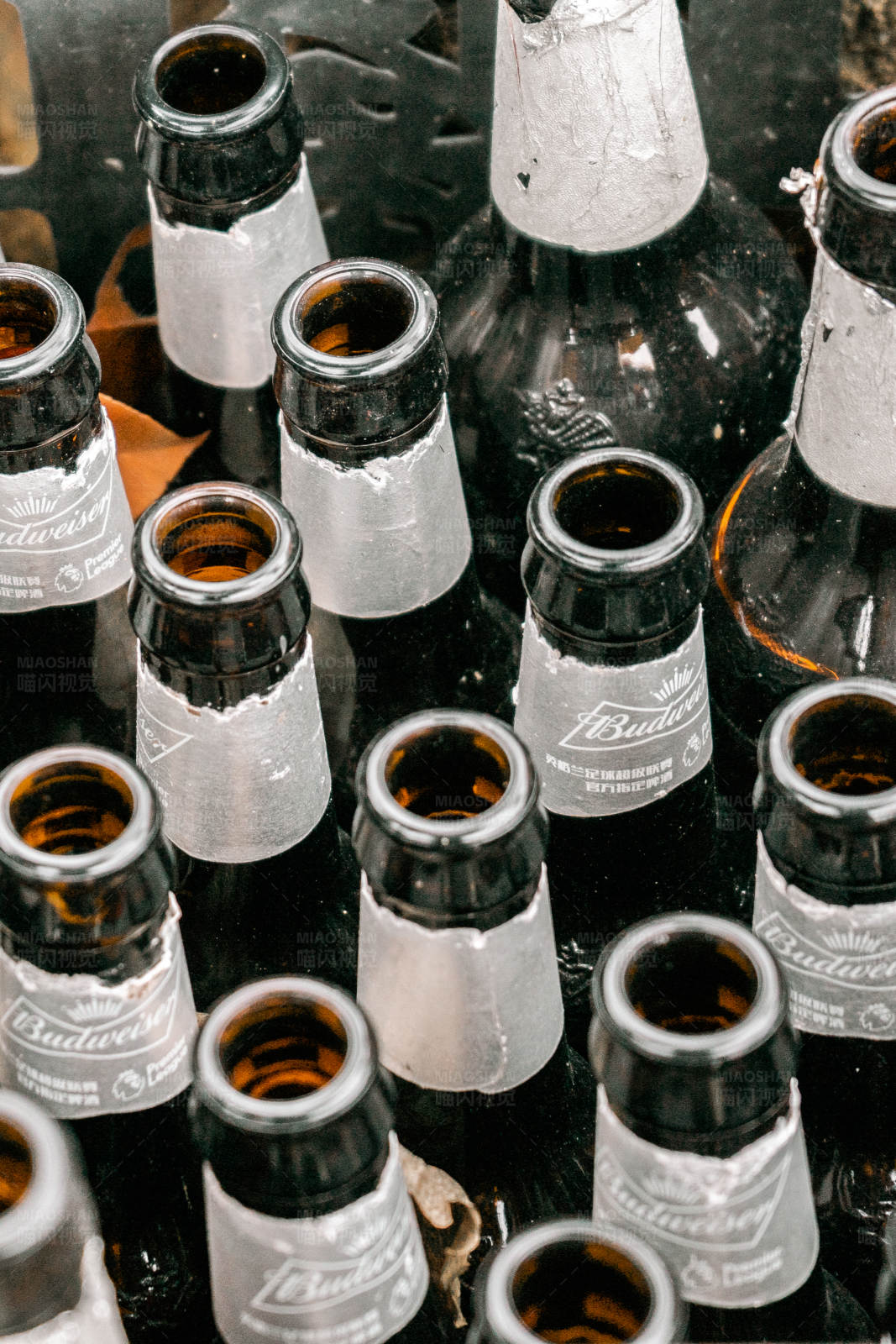 空啤酒瓶堆积如山图片