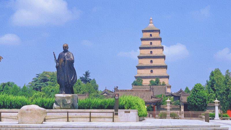 玄奘雕像与大雁塔图片
