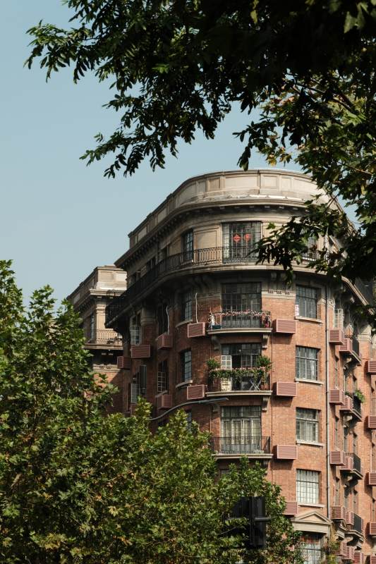 城市绿荫中的老建筑图片