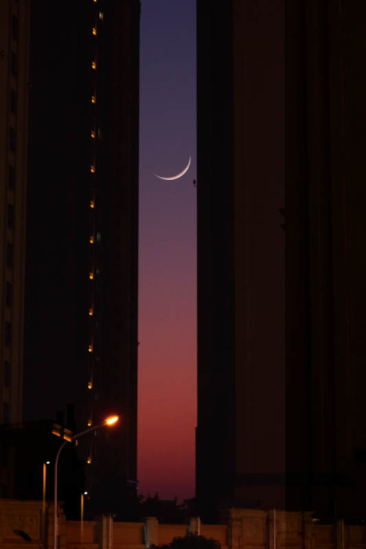 城市缝隙中的新月图片