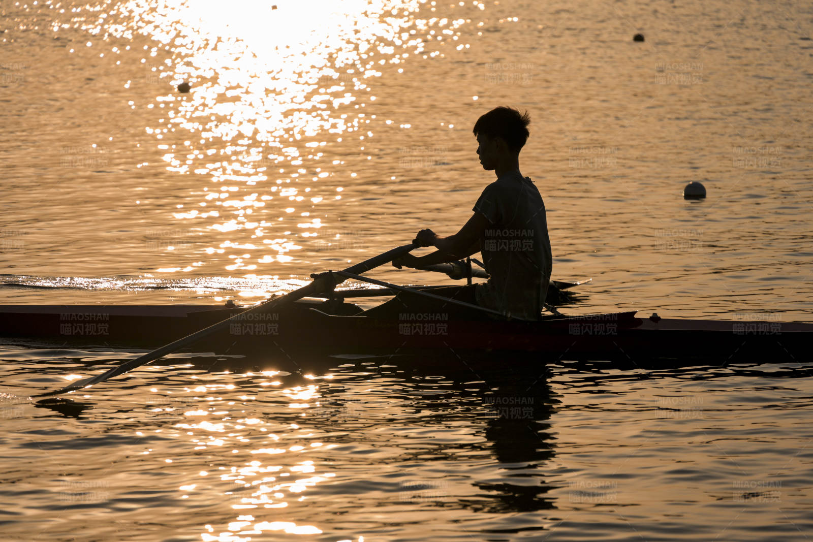夕阳下的划船者图片