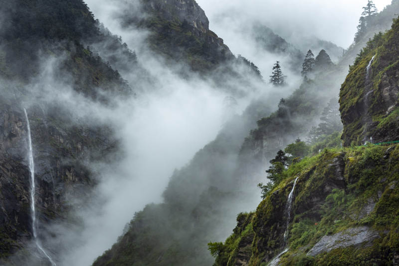 雾绕山间 瀑布飞流 (新疆樟木)图片