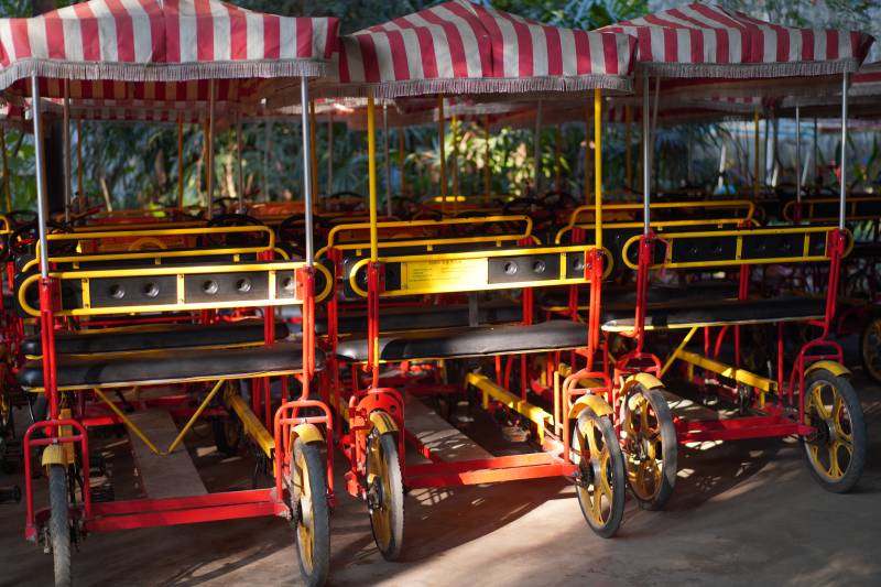 彩色条纹顶棚的多人自行车图片