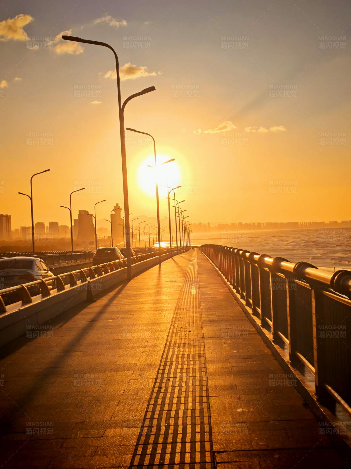 夕阳下的城市桥景图片