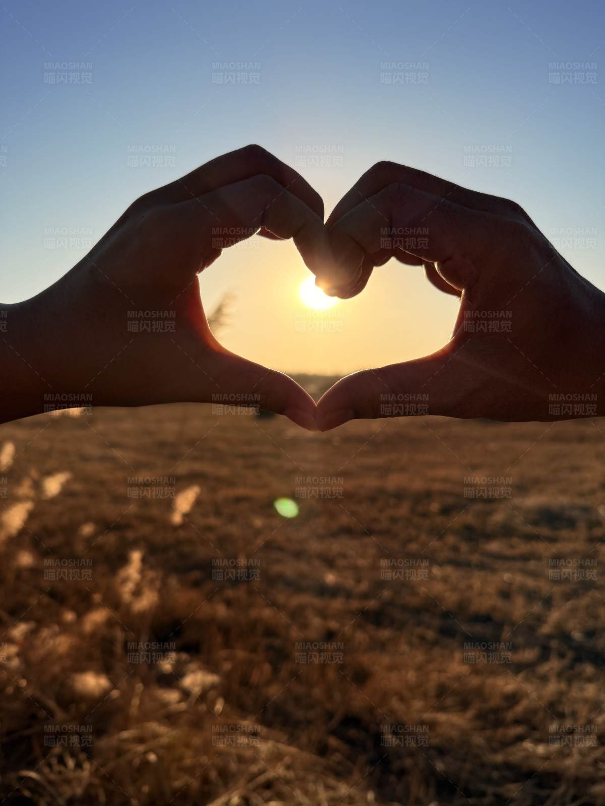 夕阳下的爱心手影图片