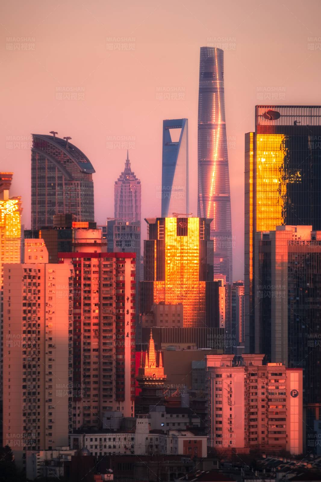 夕阳下的上海天际线图片