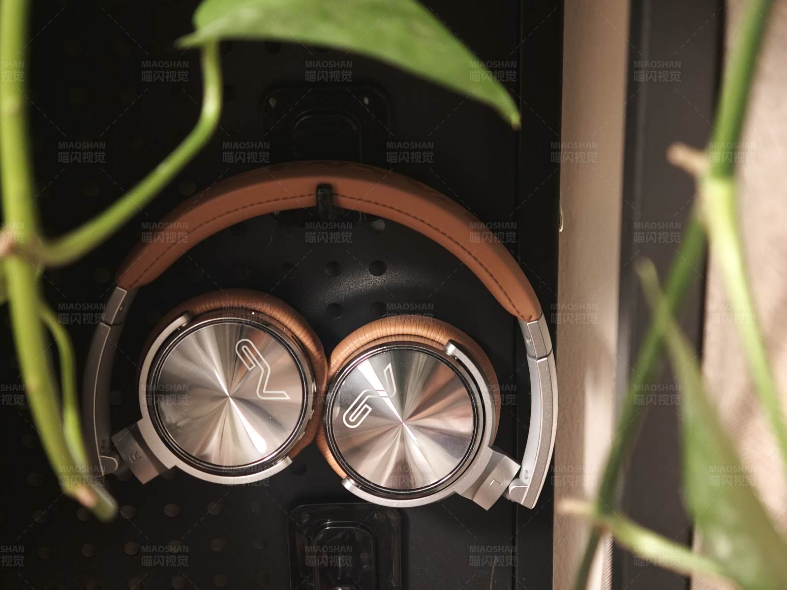 耳机与绿叶图片