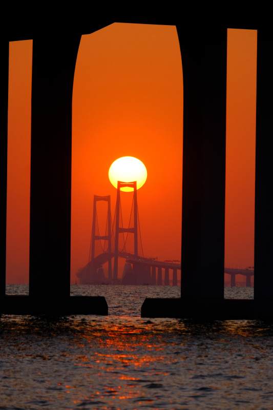 夕阳下的大桥剪影图片