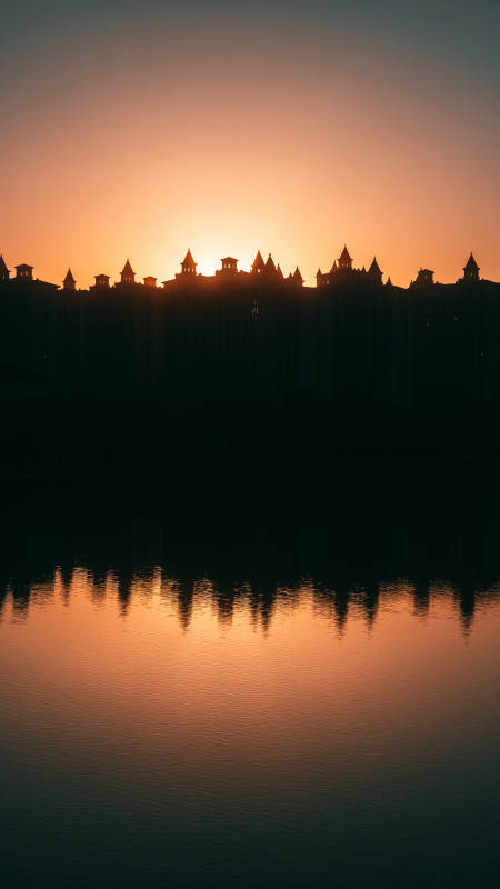 夕阳下的城堡剪影图片