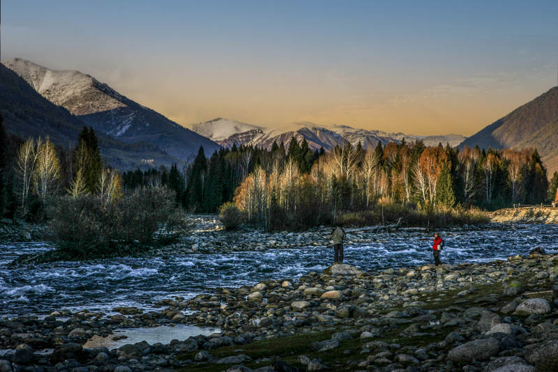 晨曦在禾木村小溪垂钓图片