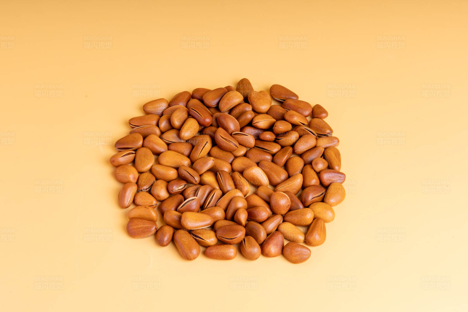 松子堆在黄色背景上图片