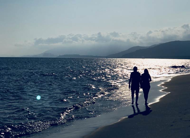 夕阳下的海边漫步图片