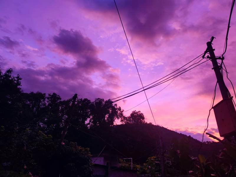 紫色夕阳下的电线杆图片