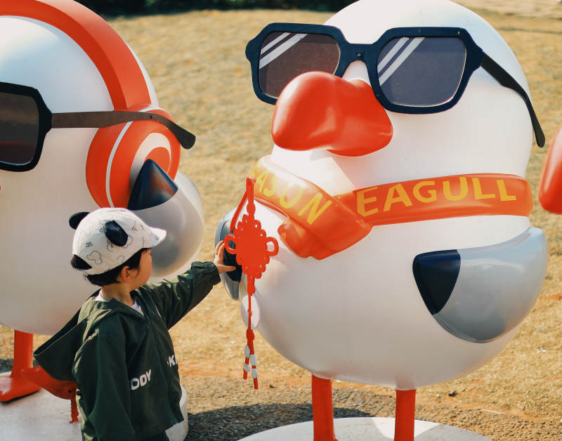 小孩与海鸥雕塑互动图片