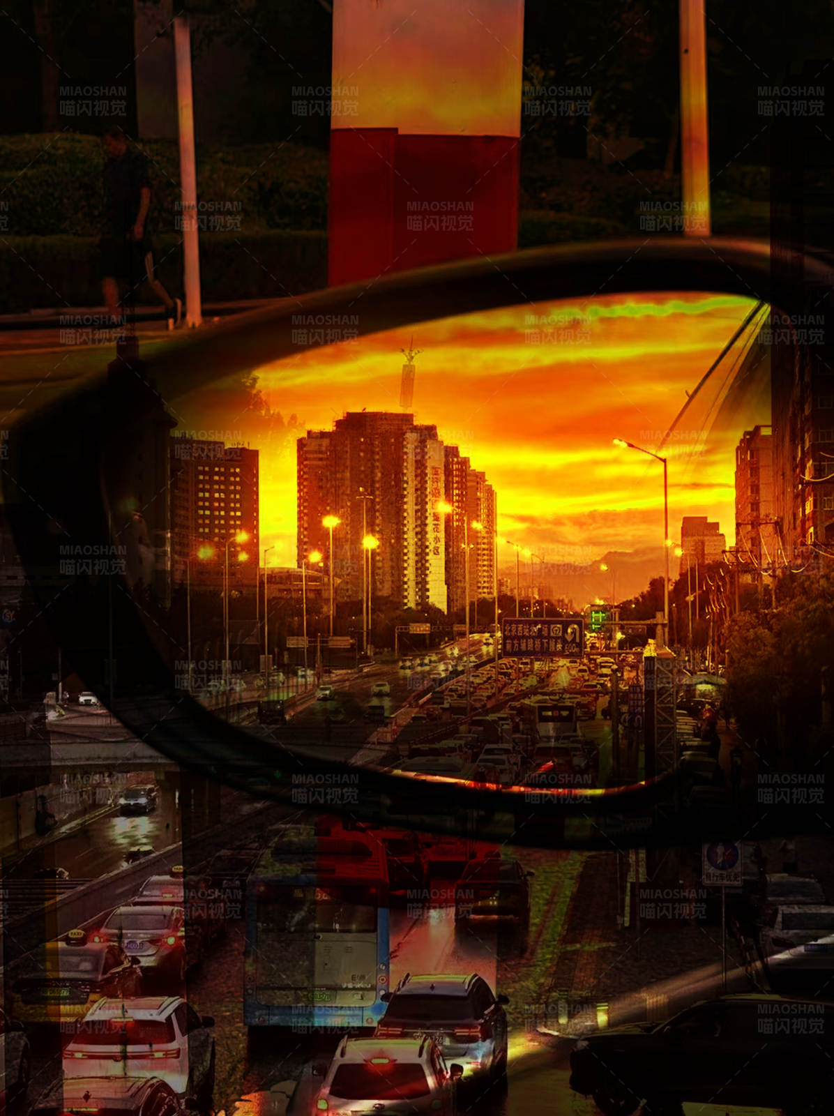 夕阳下的城市倒影图片