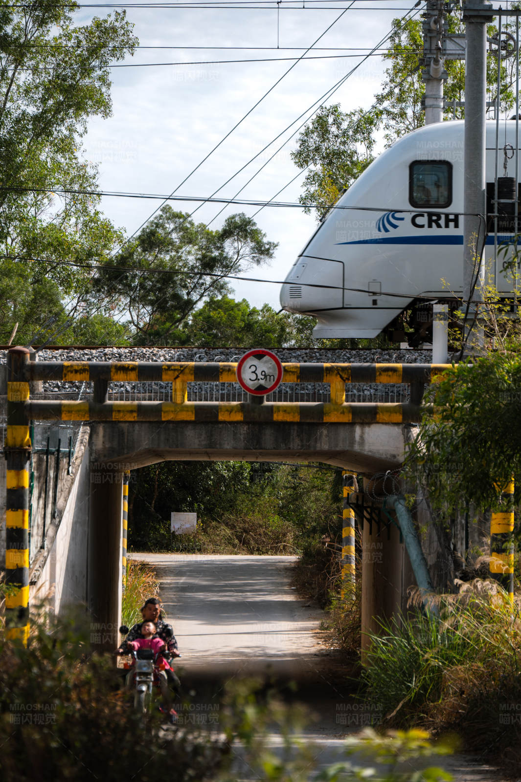 高铁桥下骑车行人图片