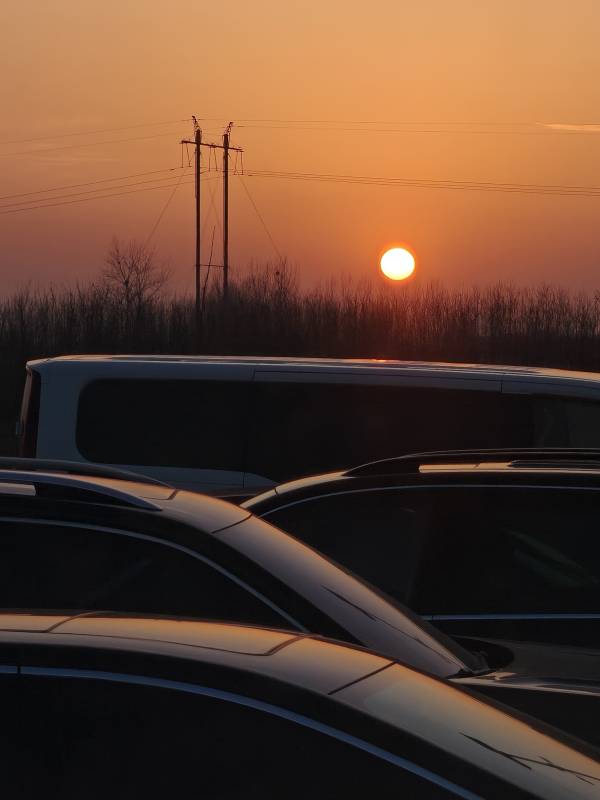 夕阳下的车流与电线杆图片