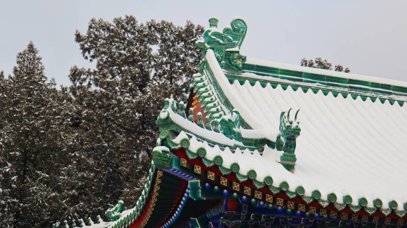 雪中的古建筑屋顶图片