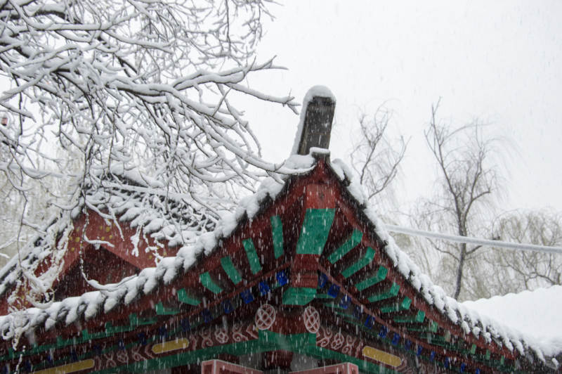 雪中的古建筑屋顶图片