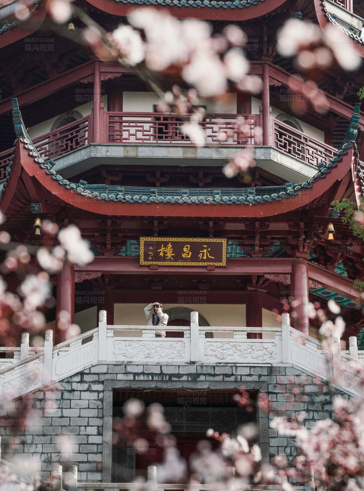 春日古楼花间景图片