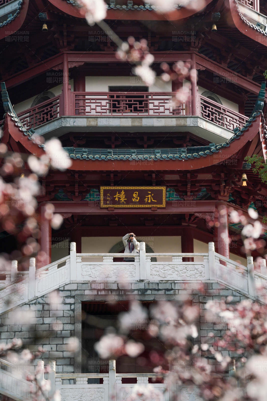 春日古楼花间景图片