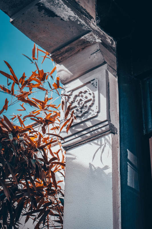 秋叶映衬古建筑图片