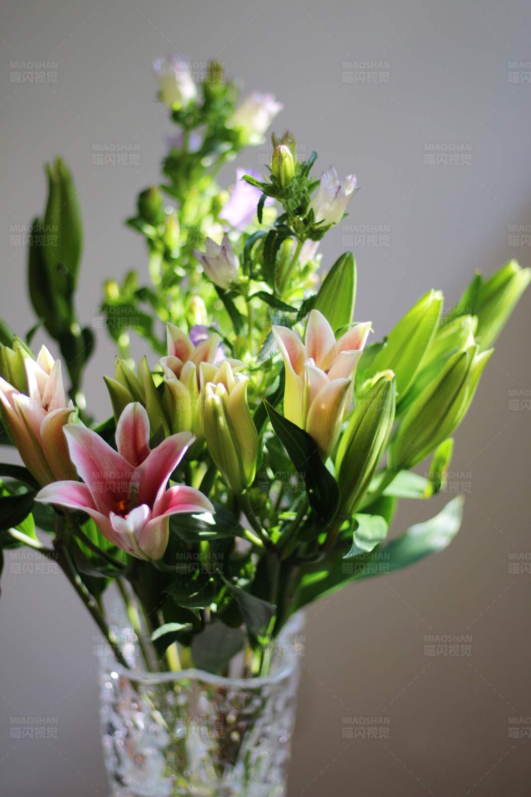 花瓶中的粉色百合花束图片