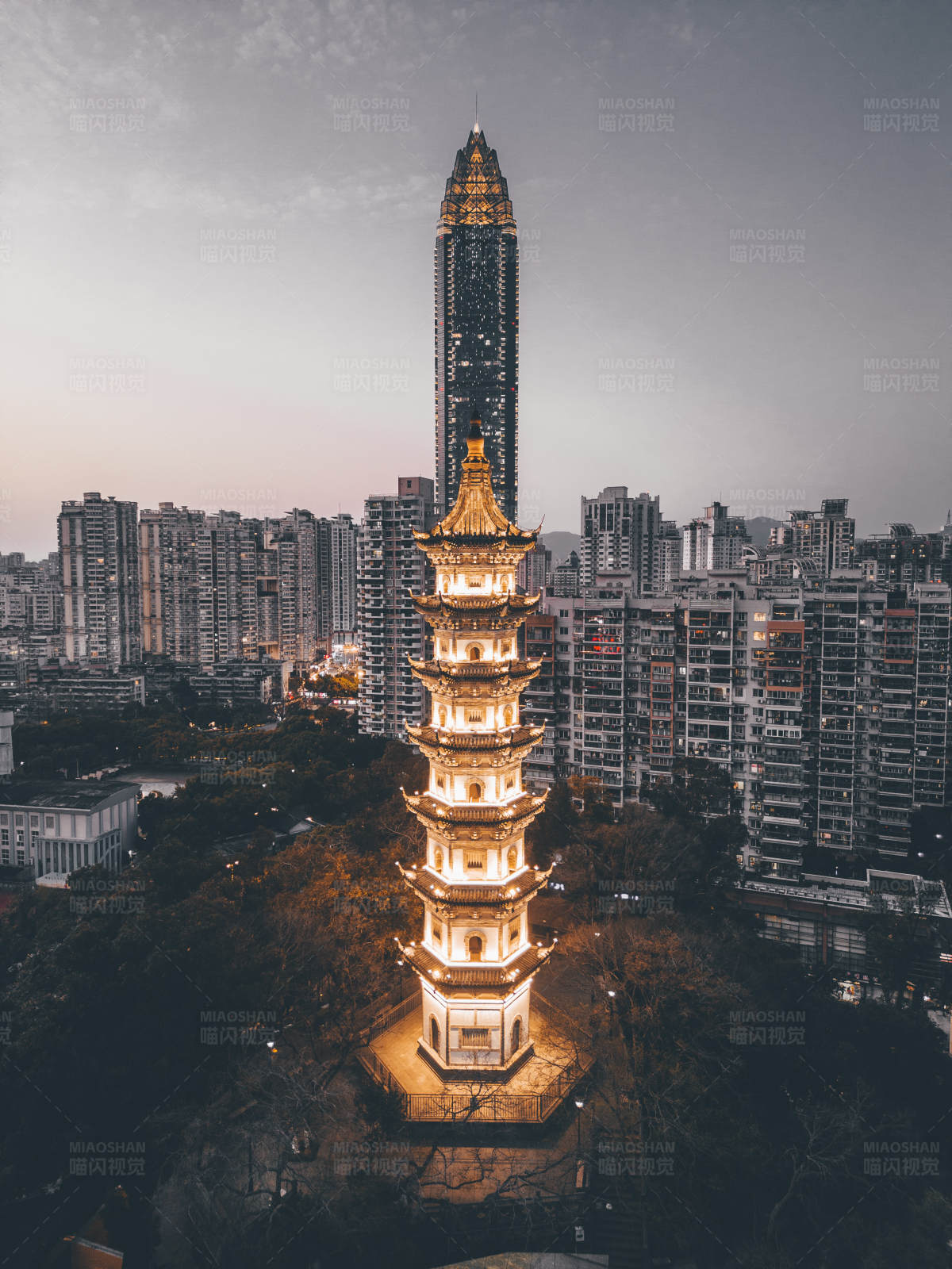 城市中的古塔夜景图片