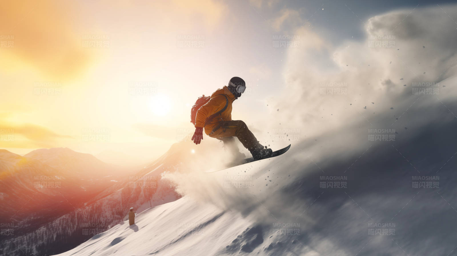 雪地滑板飞跃山峰图片