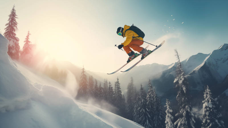 飞跃雪山的滑雪者图片