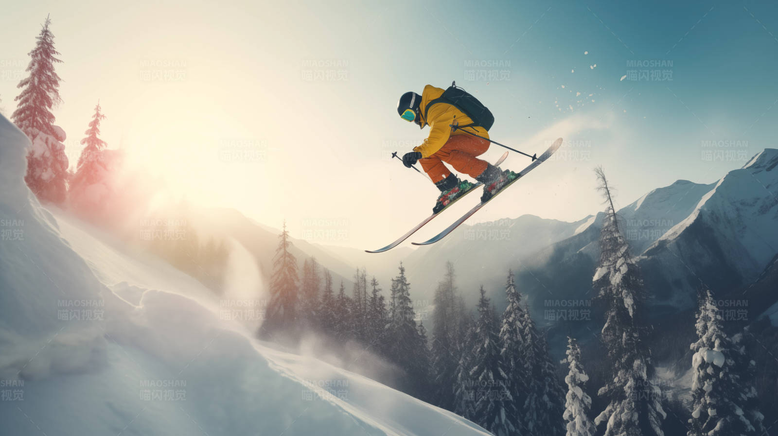 飞跃雪山的滑雪者图片