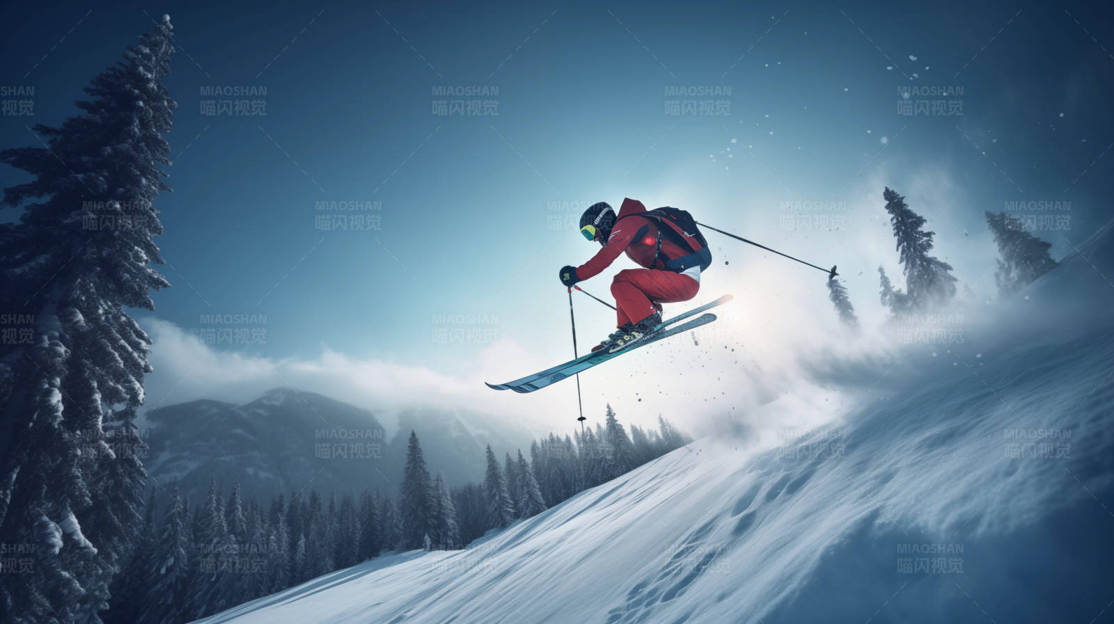 飞跃雪山的滑雪者图片