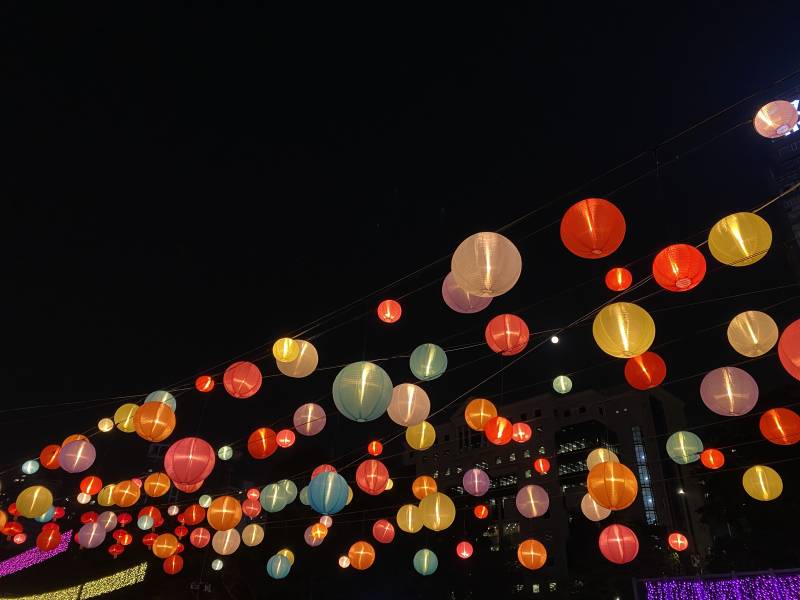 夜空下的彩色灯笼图片