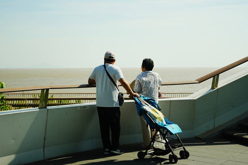 观海的两人与婴儿车图片