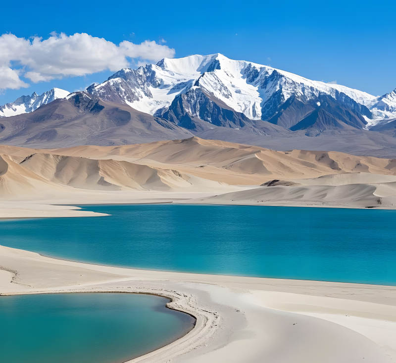 雪山湖畔沙漠美景图片