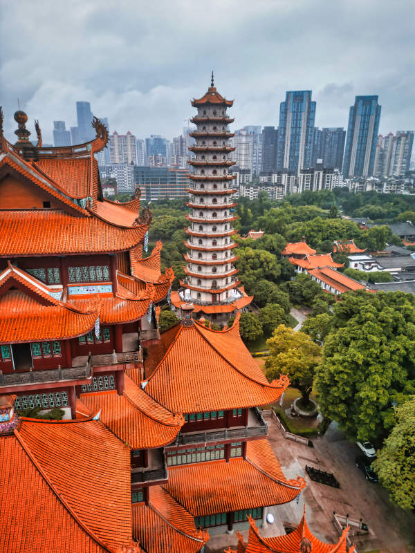 古塔与现代城市的对比图片