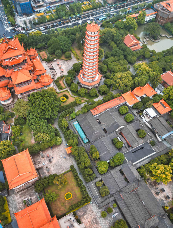 古塔红墙 城市绿洲图片