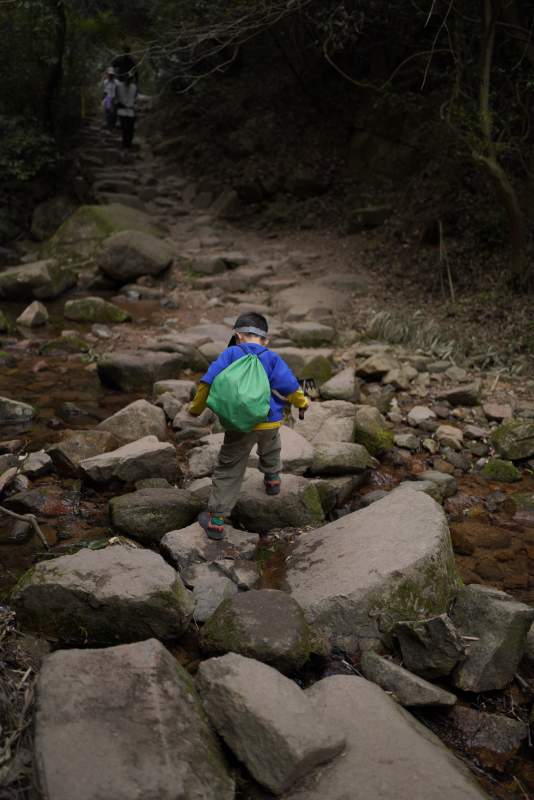 小童徒步山间溪流旁图片
