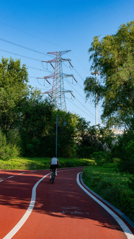 骑行在绿荫下的红色跑道图片