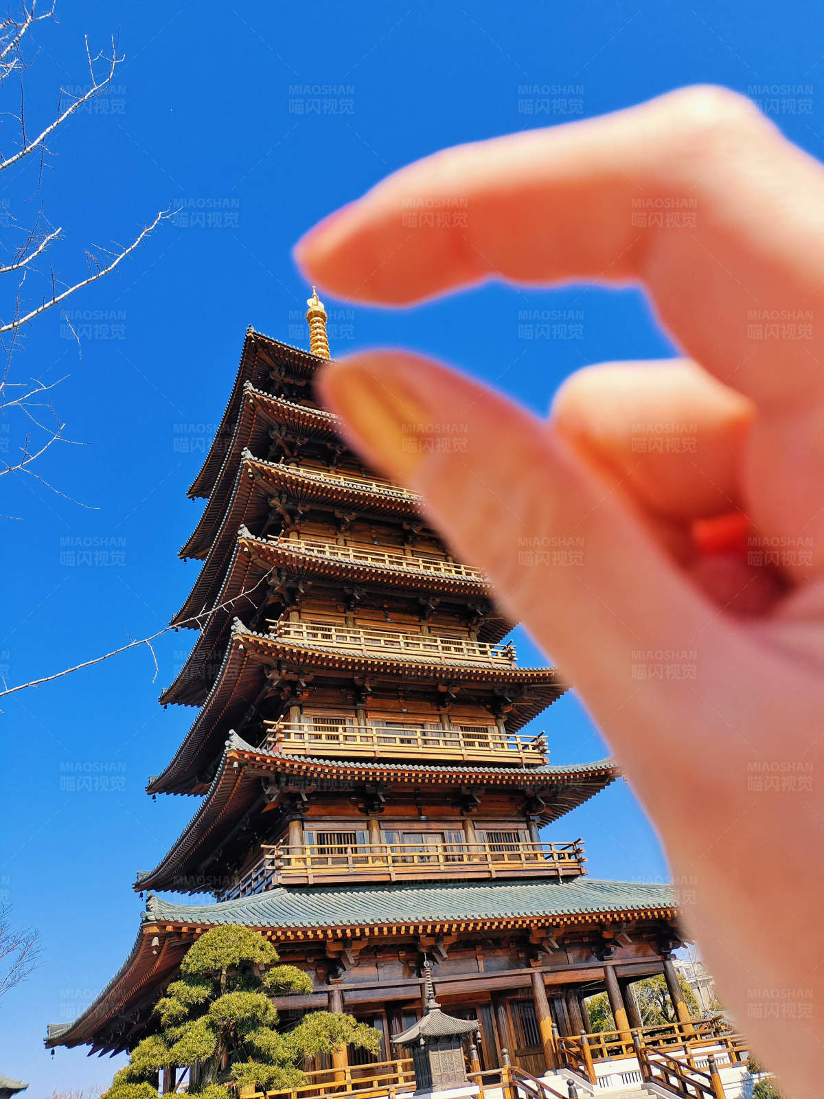 手指捏住的古塔图片