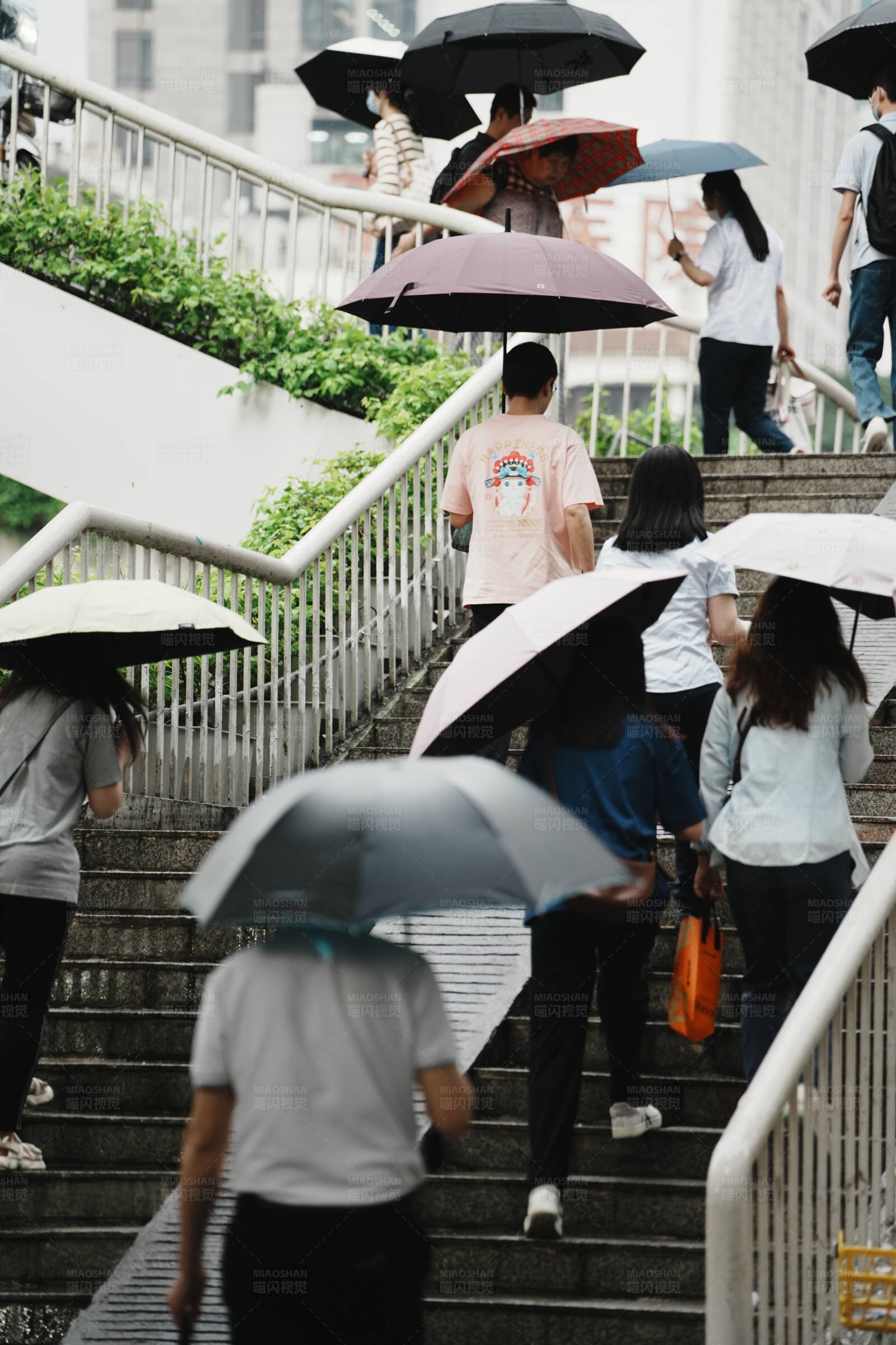 雨中行人撑伞上下楼梯图片