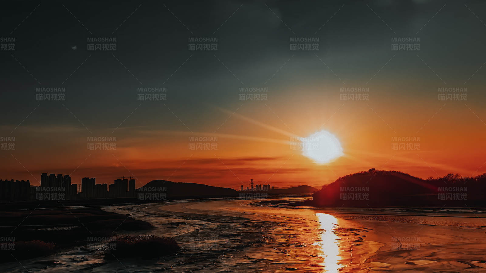 夕阳下的城市剪影，大连图片