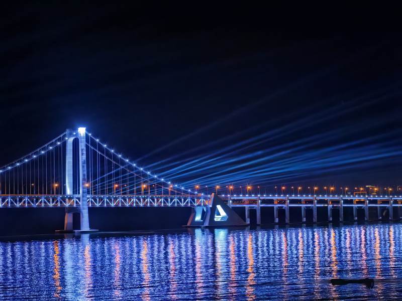 夜色中的跨海大桥，大连，星海广场图片