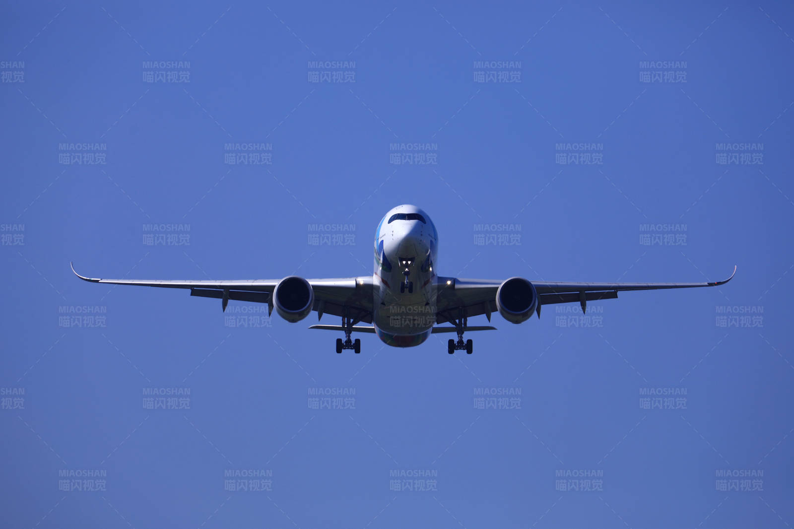 蓝天下的飞机正面视角图片