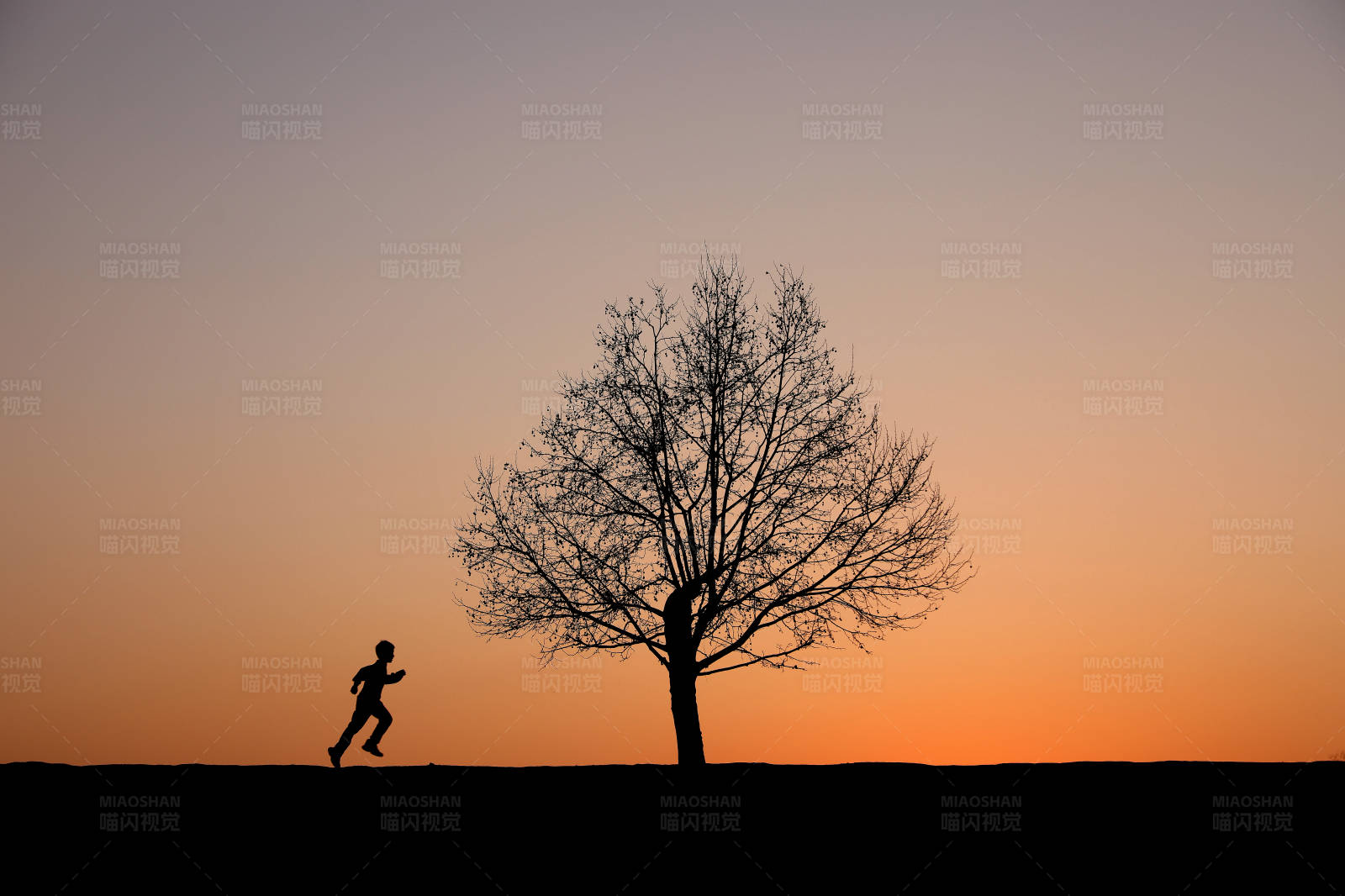 夕阳下地平线上的奔跑者图片