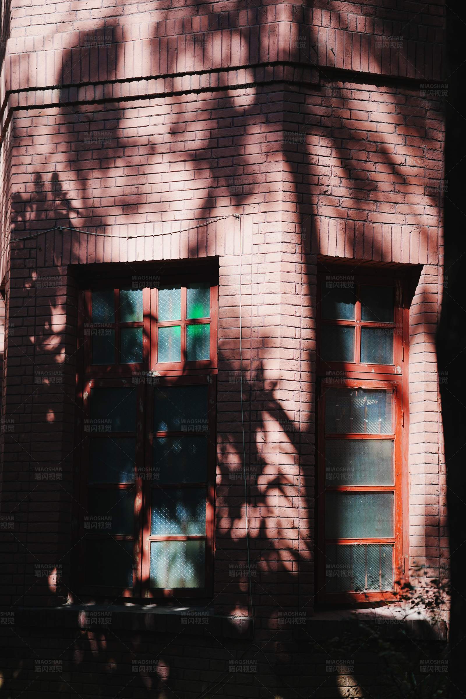 树影斑驳的红砖老屋图片