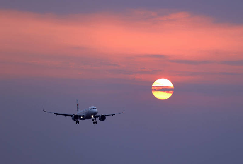 夕阳下的航班图片