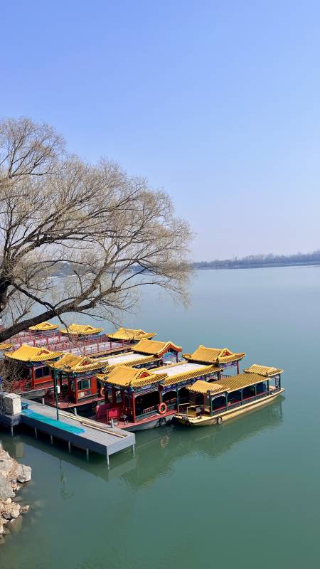 颐和园湖畔古建筑与游船图片